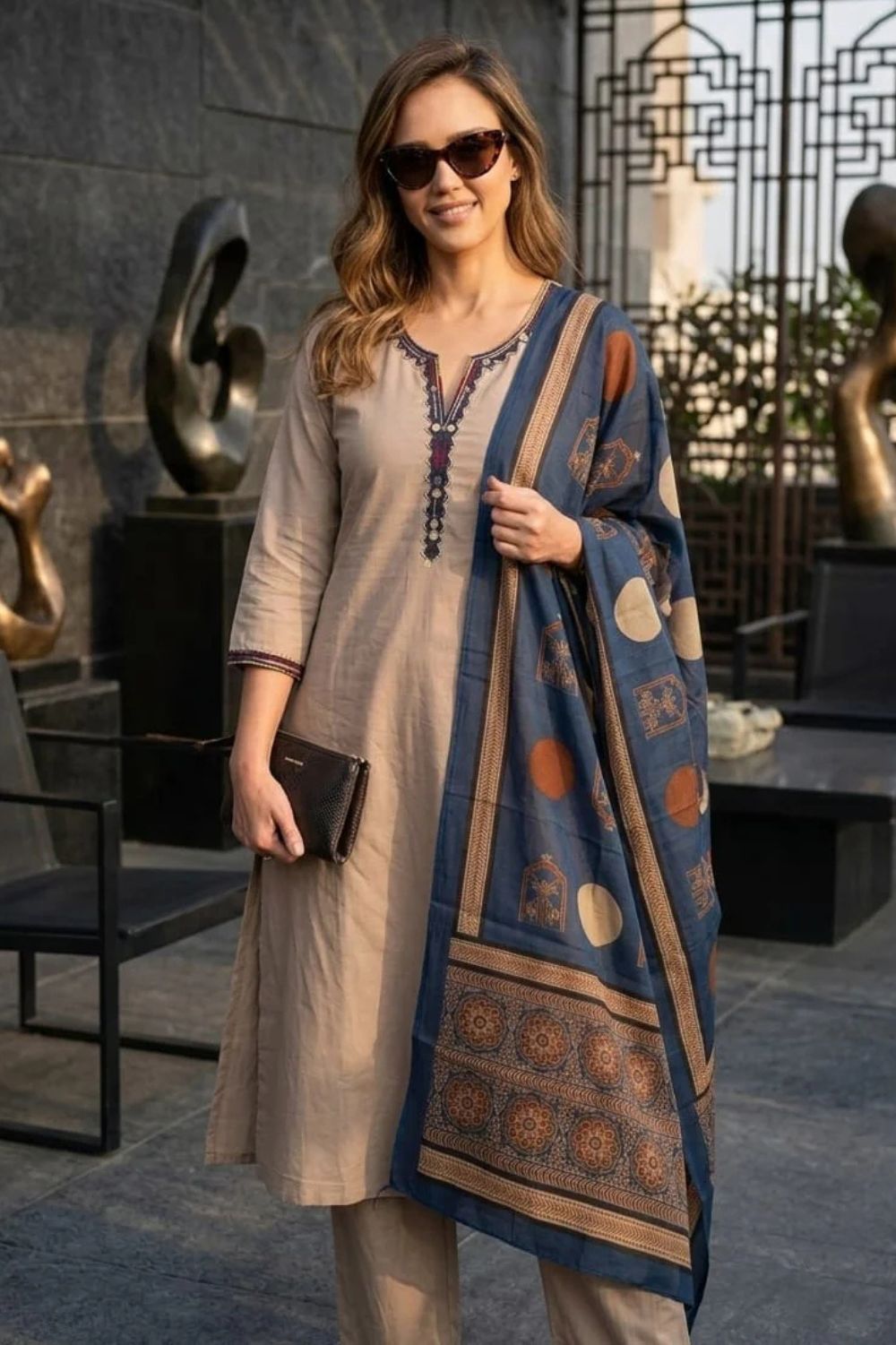 Dabu Cotton Kurti Set with Dupatta – Handcrafted Elegance