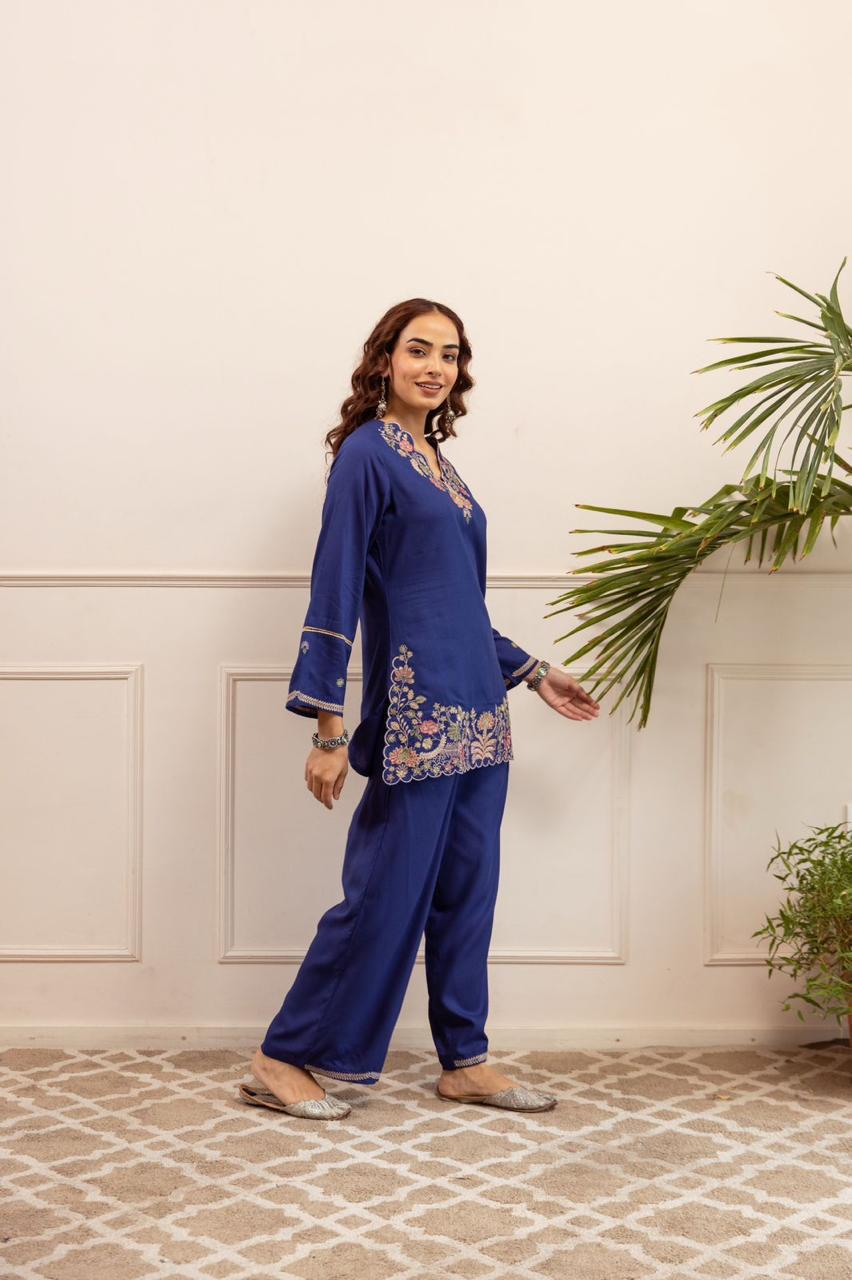 Co ord set Zari and thread work detailing  Bellbottom plazo
