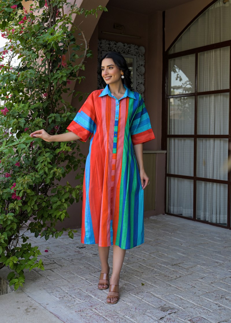 Striped Mul Cotton Shirt Dress – 1 Piece