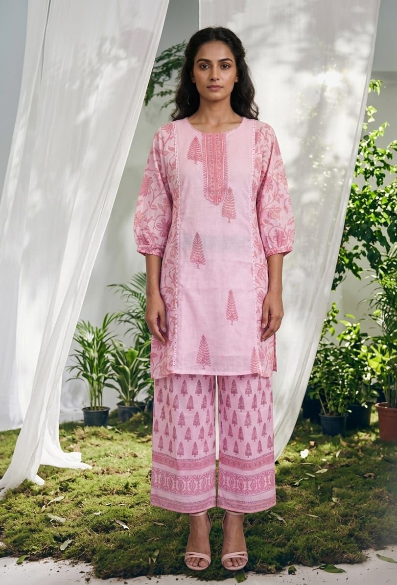Mul Cotton Printed Kurti Plazo Set – 3 Piece