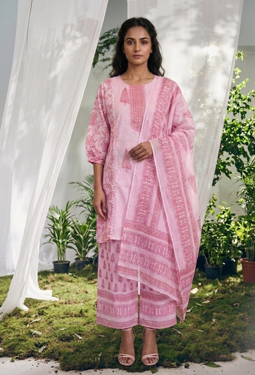 Mul Cotton Printed Kurti Plazo Set – 3 Piece